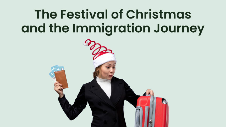 Festive Wishes from easyIME with a lady in Christmas hat symbolizing joy and immigration journey.