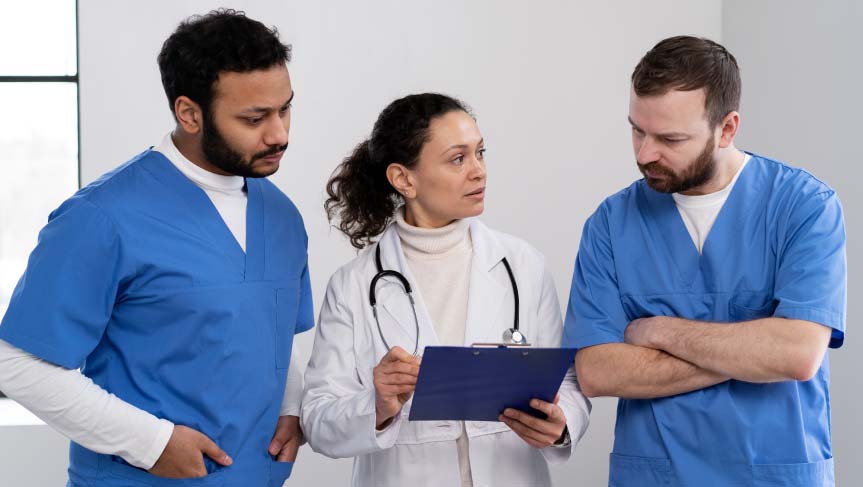 Three USCIS-approved Civil Surgeons discussing medical exam procedures