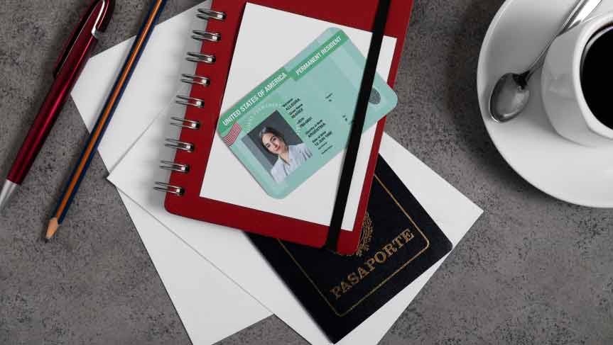 U.S. Green Card and passport placed on a diary with papers – symbolizing permanent residency and travel documents