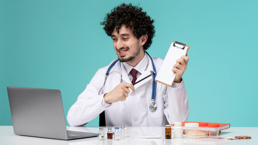 Doctor holding a vaccination checklist in front of a laptop